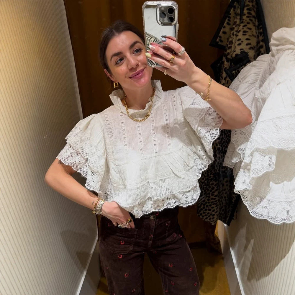 Damen Spitzenbluse im Cropped-Volantstil mit Stehkragen und Lagenrüschen Nord Taschen