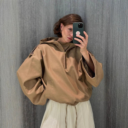 Damen Oversize Kapuzenpullover mit halbem Reißverschluss, Ballonärmeln & Tunnelzug Nord Taschen