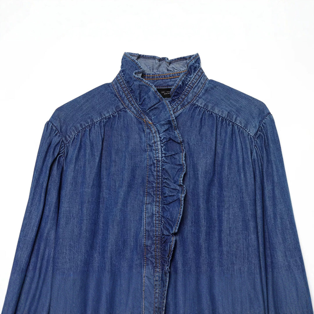 Damen Weiche Denim-Tunika mit Rüschenblende, Stehkragen und Ballonärmeln Nord Taschen