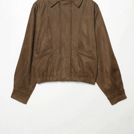 Damen Cropped Blousonjacke im Wildleder‑Look mit Hemdkragen, Epauletten und elastischem Bund Nord Taschen