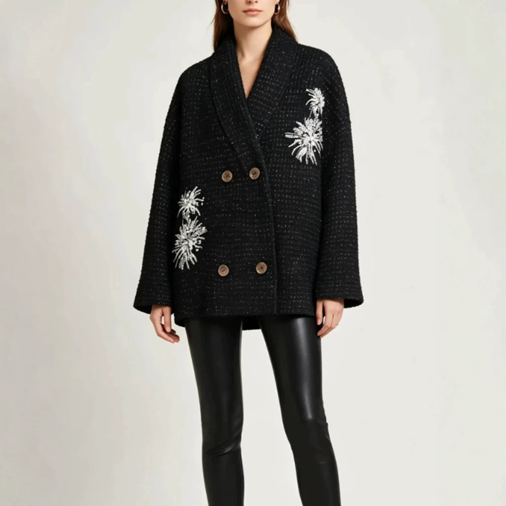 Damen Oversize-Bouclé-Manteljacke mit Schalkragen und floraler Stickerei Nord Taschen