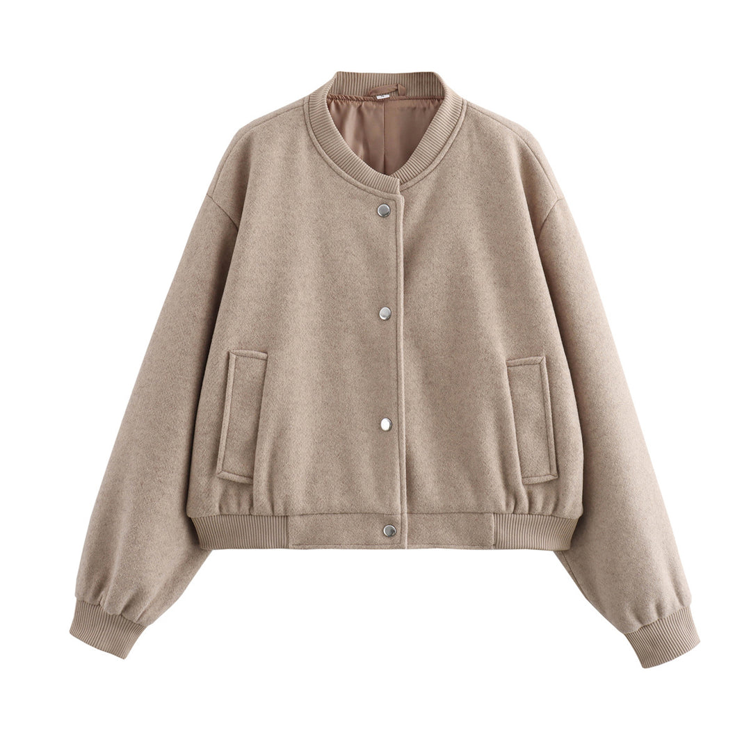 Damen Kurze Oversize-Collegejacke im Wollmix mit Druckknopfverschluss, Eingrifftaschen und Rippenbündchen Nord Taschen