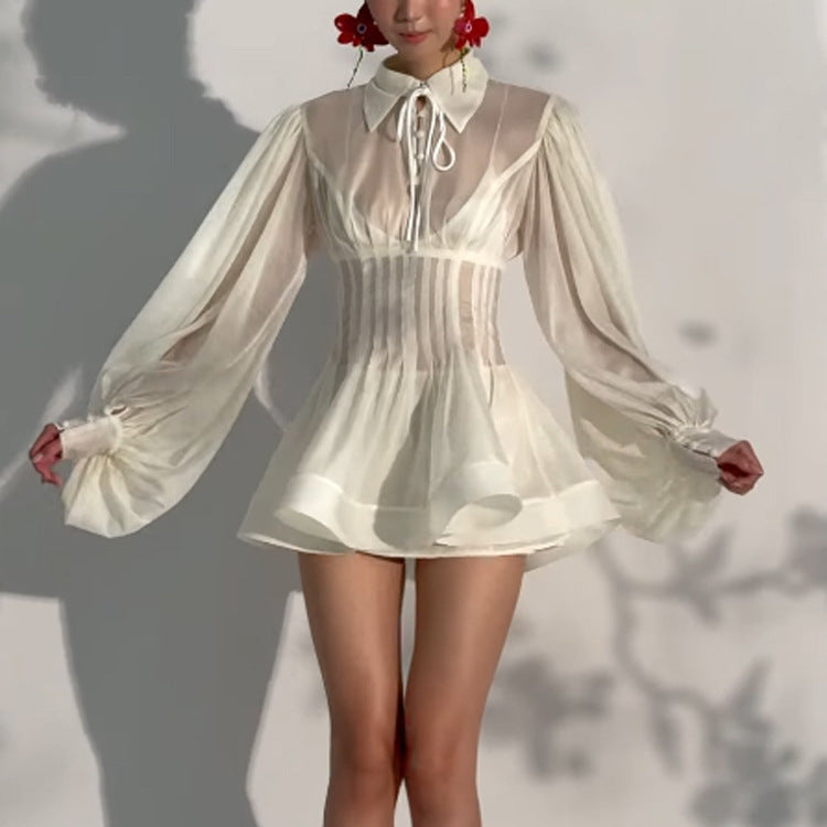 Damen Transparentes Chiffon-Minikleid mit Korsagenoptik, Puffärmeln und ausgestelltem Rock Nord Taschen