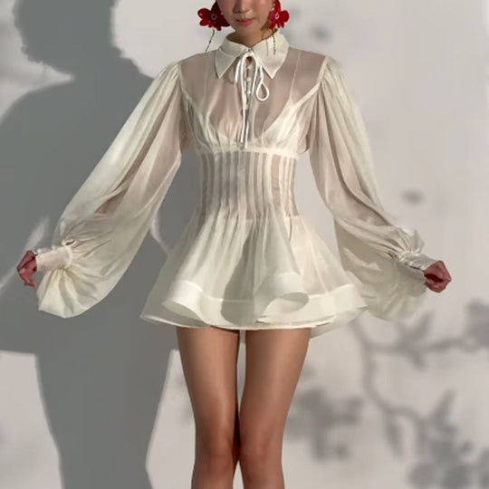 Damen Transparentes Chiffon-Minikleid mit Korsagenoptik, Puffärmeln und ausgestelltem Rock Nord Taschen