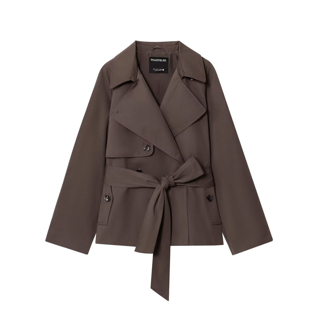 Damen Gekürzte Taillengürtel-Trenchjacke mit breitem Revers und Pattentaschen Nord Taschen