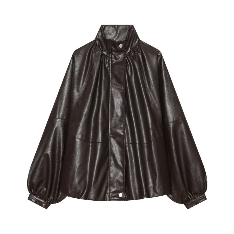 Damen Glänzender Cropped Blouson aus Kunstleder mit hohem Stehkragen und voluminösen Ballonärmeln Nord Taschen