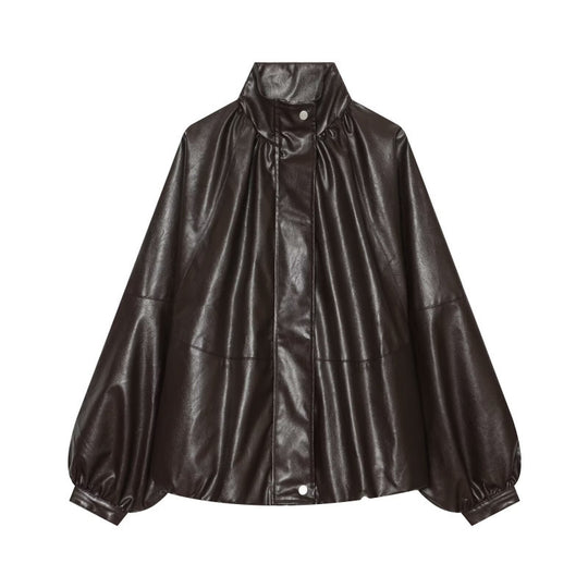 Damen Glänzender Cropped Blouson aus Kunstleder mit hohem Stehkragen und voluminösen Ballonärmeln Nord Taschen