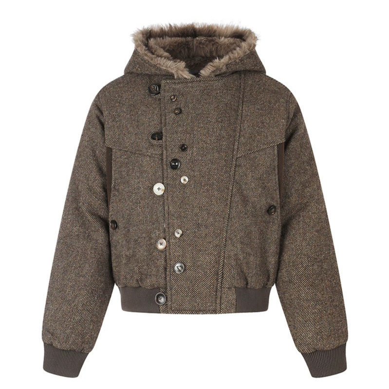 Damen Kapuzen-Bomberjacke mit Kunstfellfutter, asymmetrischer Mehrfachknopfleiste und geripptem Bund Nord Taschen
