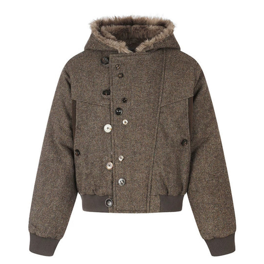 Damen Kapuzen-Bomberjacke mit Kunstfellfutter, asymmetrischer Mehrfachknopfleiste und geripptem Bund Nord Taschen