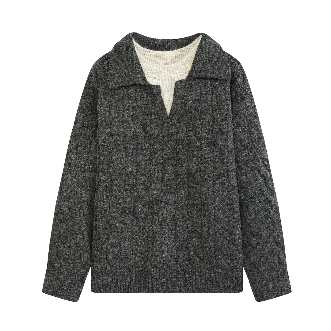 Damen Oversize Zopfstrickpullover mit weitem Umlegekragen und innerem Rippkragen Nord Taschen
