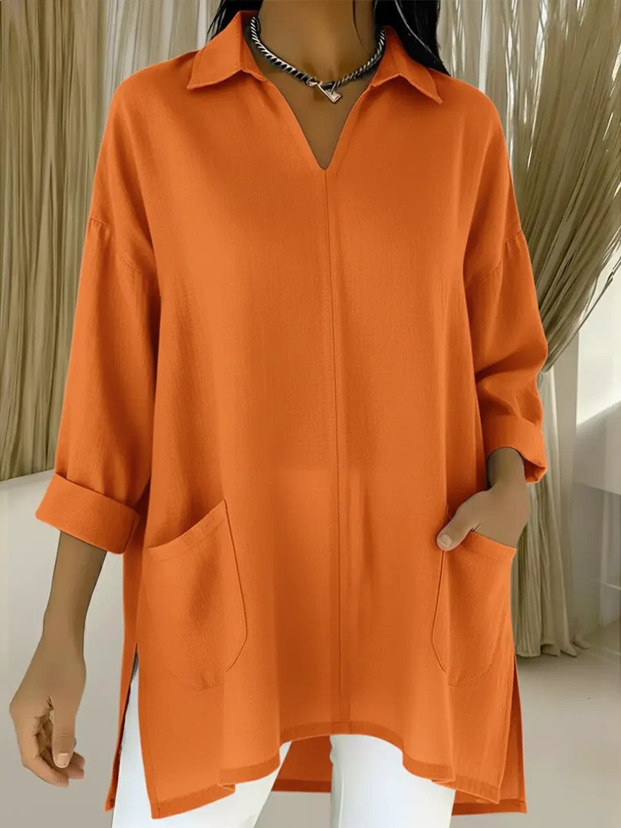 Damen Oversize-Tunika mit Hemdkragen, V-Ausschnitt und aufgesetzten Taschen Nord Taschen