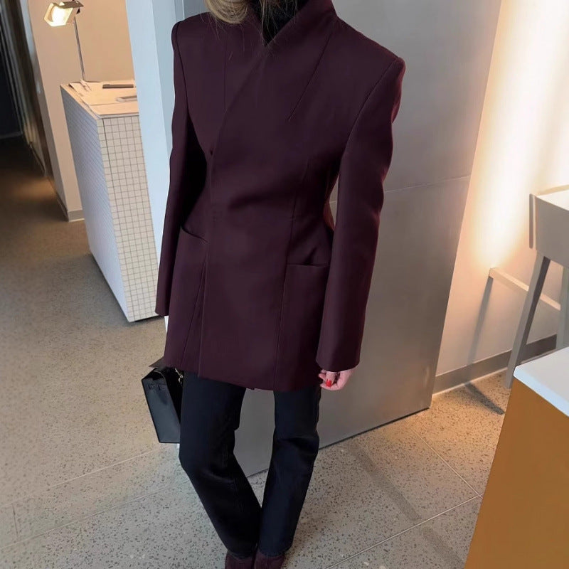 Damen strukturierter Blazer-Mantel mit hohem Kragen und Taillengürtel Nord Taschen