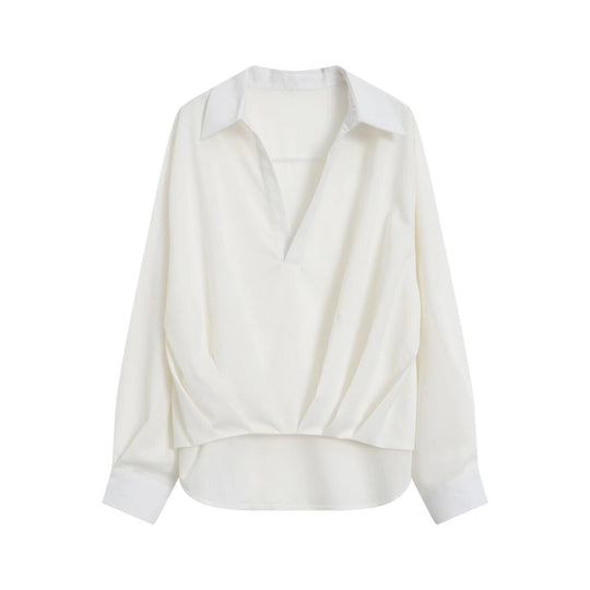 Damen Oversize Leinenoptik-Bluse mit tiefem V‑Ausschnitt, Hemdkragen und gerafftem Vorderteil Nord Taschen
