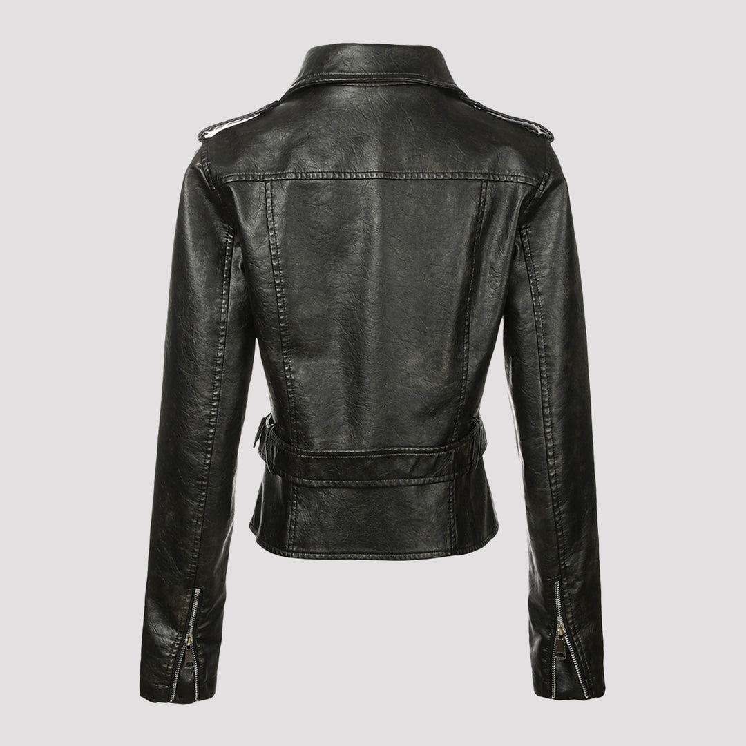Damen Kurzjacke im Bikerstil aus weichem Kunstleder mit asymmetrischem Reißverschluss und Taillengürtel Nord Taschen
