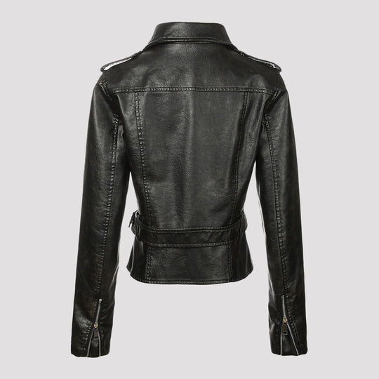 Damen Kurzjacke im Bikerstil aus weichem Kunstleder mit asymmetrischem Reißverschluss und Taillengürtel Nord Taschen