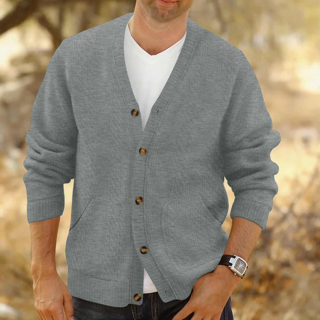 Herren Strukturierter Strickcardigan mit Zopf- und Waffelmuster, Knopfleiste und aufgesetzten Taschen Nord Taschen