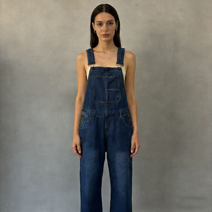Damen weiche Denim-Latzhose mit weitem Bein, verstellbaren Trägern und Pattentasche Nord Taschen