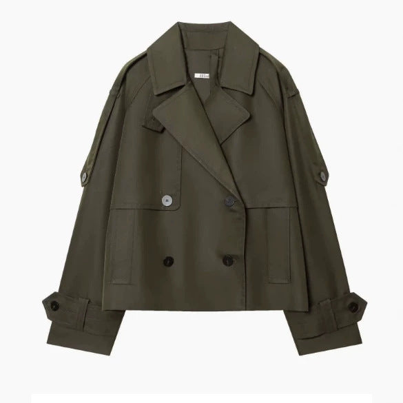 Damen 300+ kurzer doppeltreihiger Cropped‑Trenchcoat mit Epauletten und verstellbaren Manschetten Nord Taschen