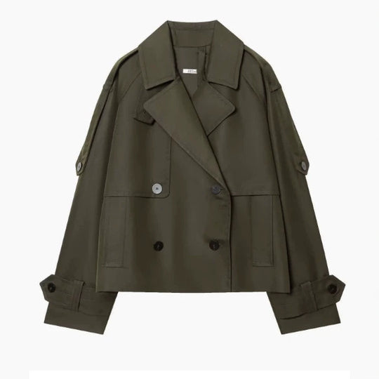 Damen 300+ kurzer doppeltreihiger Cropped‑Trenchcoat mit Epauletten und verstellbaren Manschetten Nord Taschen