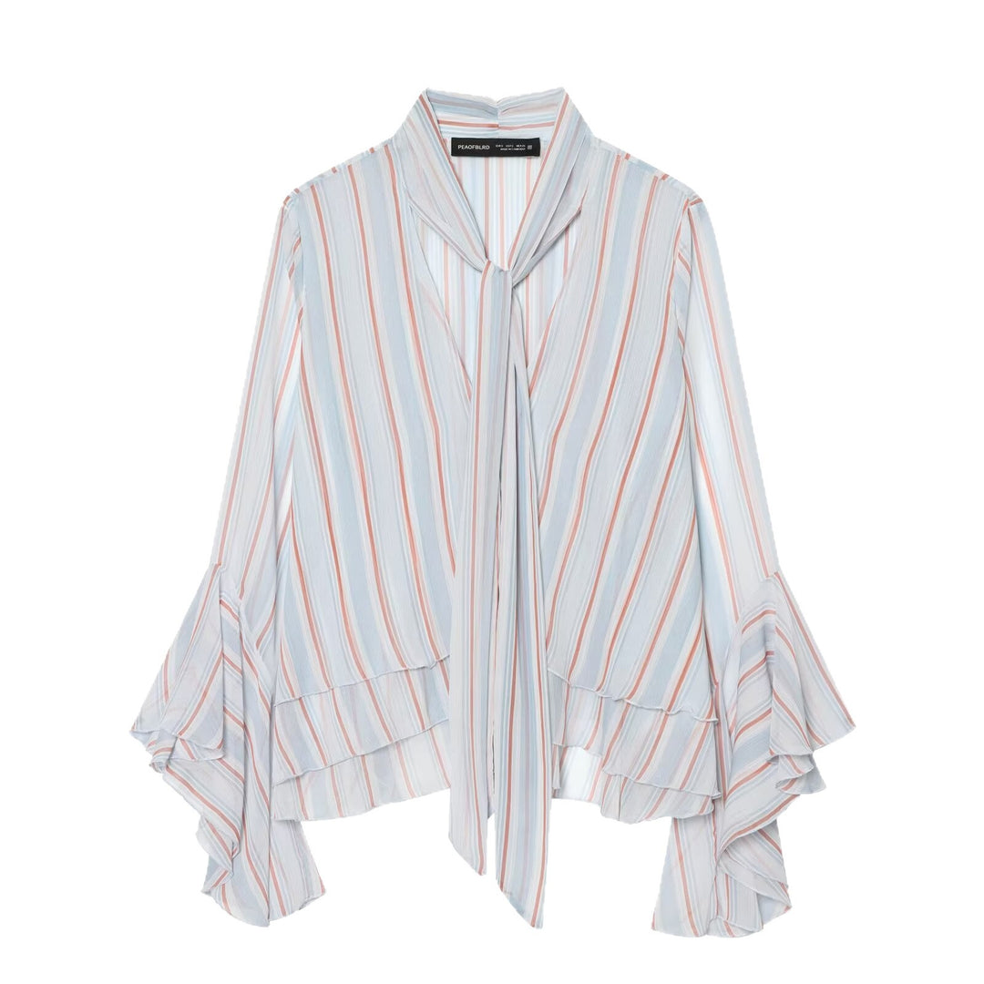 Damen Leichte Chiffonbluse mit Schluppe, Volant-Saum und ausgestellten Trompetenärmeln Nord Taschen