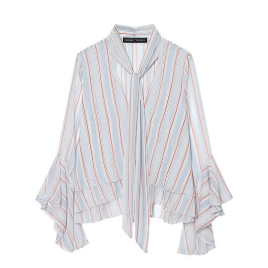 Damen Leichte Chiffonbluse mit Schluppe, Volant-Saum und ausgestellten Trompetenärmeln Nord Taschen