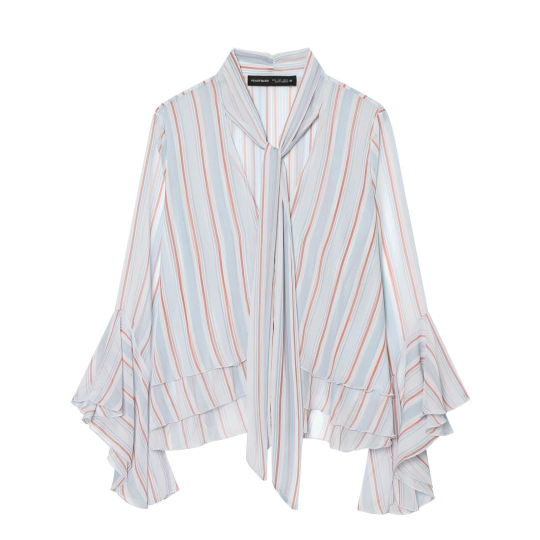 Damen Leichte Chiffonbluse mit Schluppe, Volant-Saum und ausgestellten Trompetenärmeln Nord Taschen
