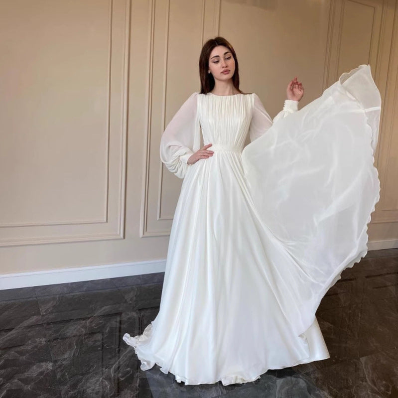 Durchsichtiges Weißes Hochzeitskleid Rundhalsausschnitt Lange Ärmel Kleid