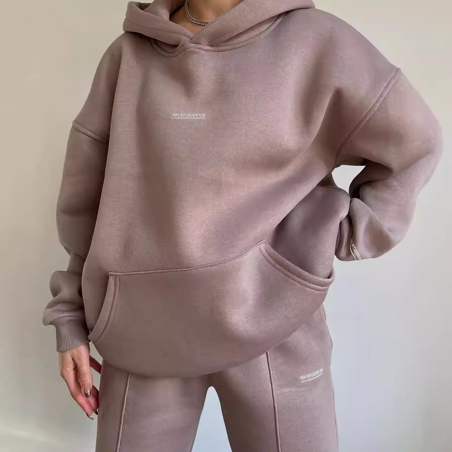Damen Set Schwere French‑Terry Oversize‑Kapuzenpullover mit Kängurutasche und Slim‑Jogginghose Nord Taschen