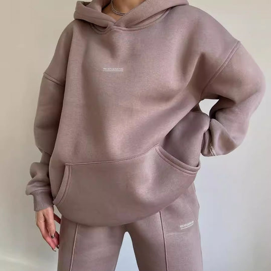 Damen Set Schwere French‑Terry Oversize‑Kapuzenpullover mit Kängurutasche und Slim‑Jogginghose Nord Taschen