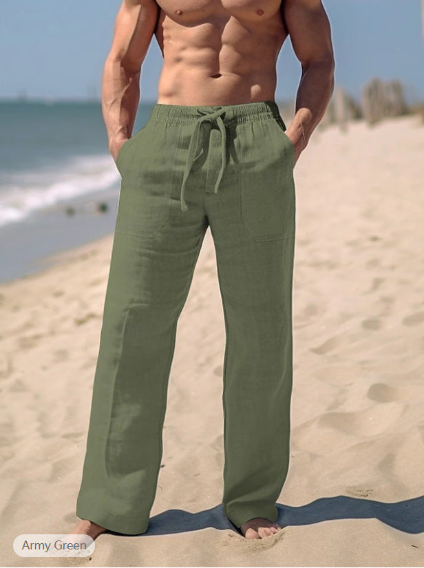 Herren gerade geschnittene Leinen-Loungehose mit Kordelzug, tiefen Eingrifftaschen und atmungsaktiver Struktur Nord Taschen