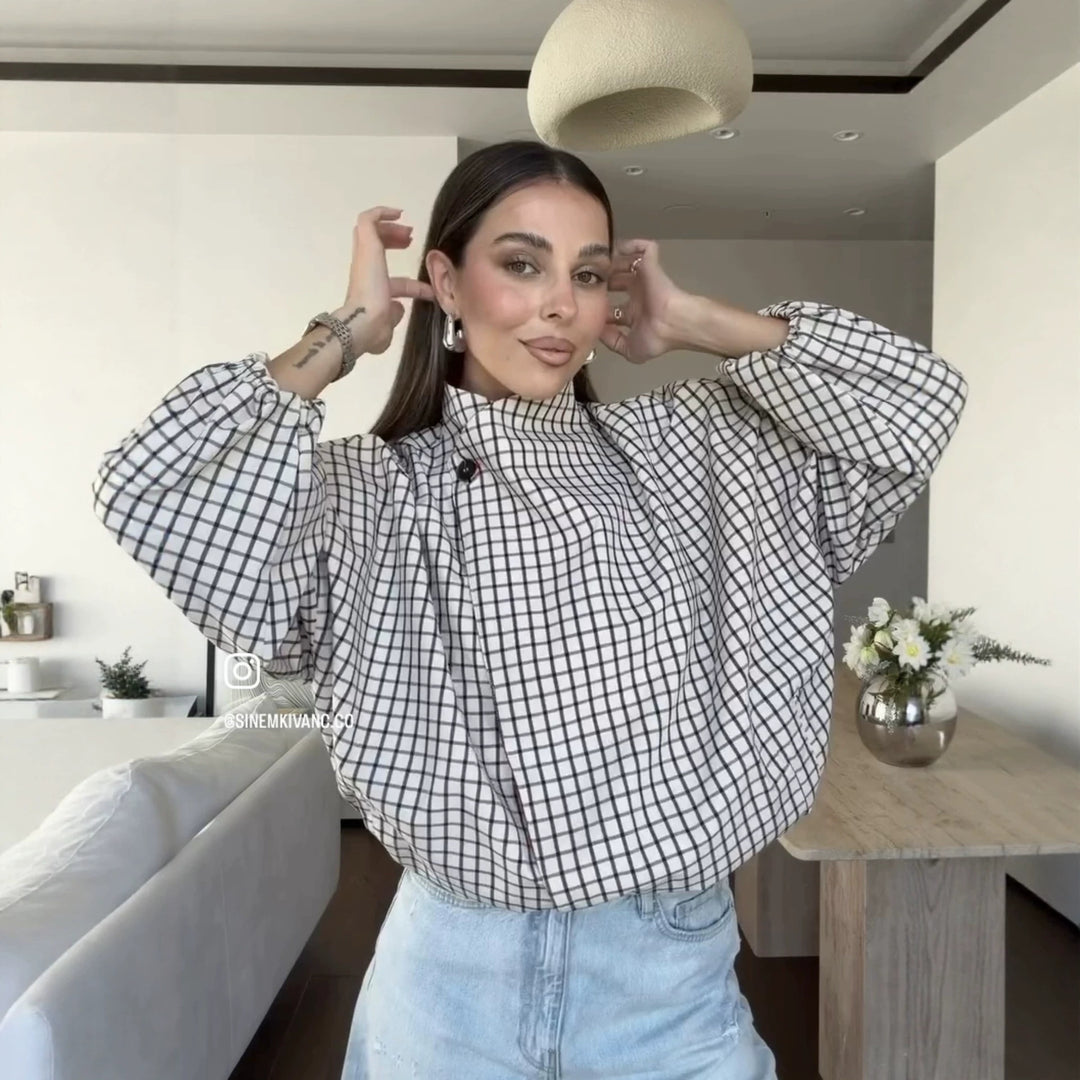 Damen Oversize-Bluse mit Stehkragen, karierter Optik und Ballonärmeln Nord Taschen