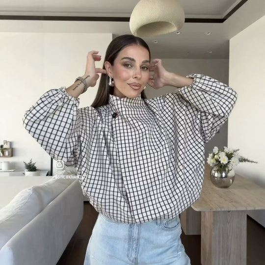 Damen Oversize-Bluse mit Stehkragen, karierter Optik und Ballonärmeln Nord Taschen