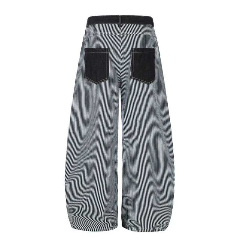 Damen Weite Streifen-Palazzo-Culotte mit hohem Bund, Gürtelschlaufen und aufgesetzten Kontrasttaschen Nord Taschen