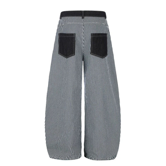 Damen Weite Streifen-Palazzo-Culotte mit hohem Bund, Gürtelschlaufen und aufgesetzten Kontrasttaschen Nord Taschen