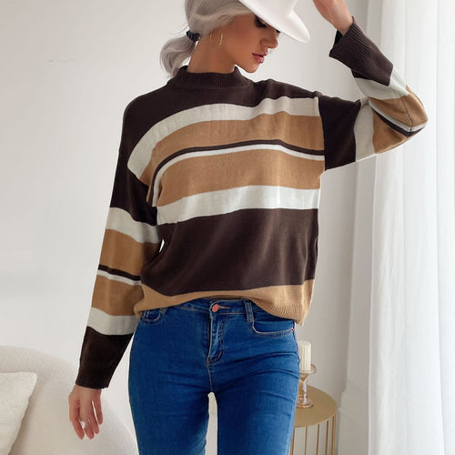 Damen Gestreifter Feinstrick-Pullover mit Stehkragen Nord Taschen