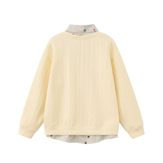 Damen Lagen-Look Strickpullover mit angenähter Hemdblende, Sternapplikationen und Ketten‑Charm Nord Taschen