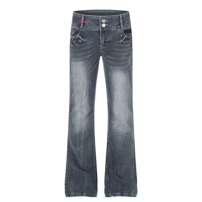 Damen High‑Waist Flared-Jeans mit weitem Bein, Doppelknopf und Nieten-Detail Nord Taschen