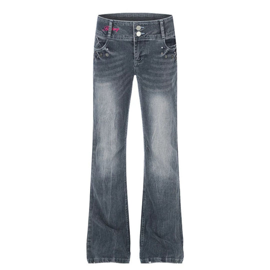 Damen High‑Waist Flared-Jeans mit weitem Bein, Doppelknopf und Nieten-Detail Nord Taschen
