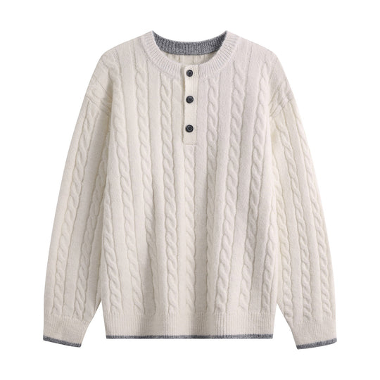 Damen Zopfmuster-Henley-Pullover mit Rundhalsausschnitt & Knopfleiste Nord Taschen