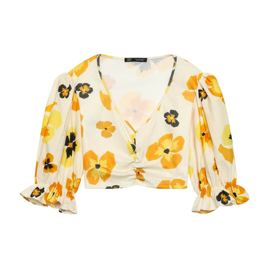 Damen Geblümte Cropped-Bluse mit V-Ausschnitt, Raffung und voluminösen Puffärmeln Nord Taschen