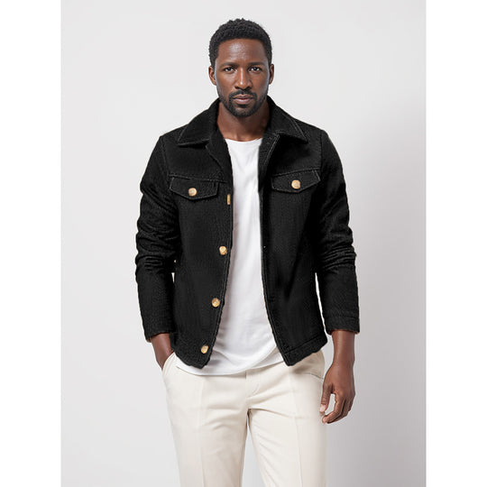 Herren Bouclé-Workerjacke mit Hemdkragen, Brustpattentaschen und Metallknöpfen Nord Taschen
