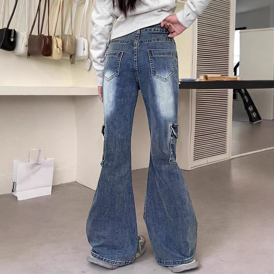 Damen weite ausgestellte Jeanshose im Cargostil mit Zierbändern, Spitzenapplikationen und Mehrfachtaschen Nord Taschen