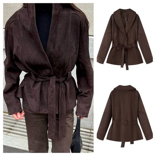 Damen Kurzmantel im Kimono-Style aus Veloursoptik mit weitem Schalkragen und Taillengürtel Nord Taschen