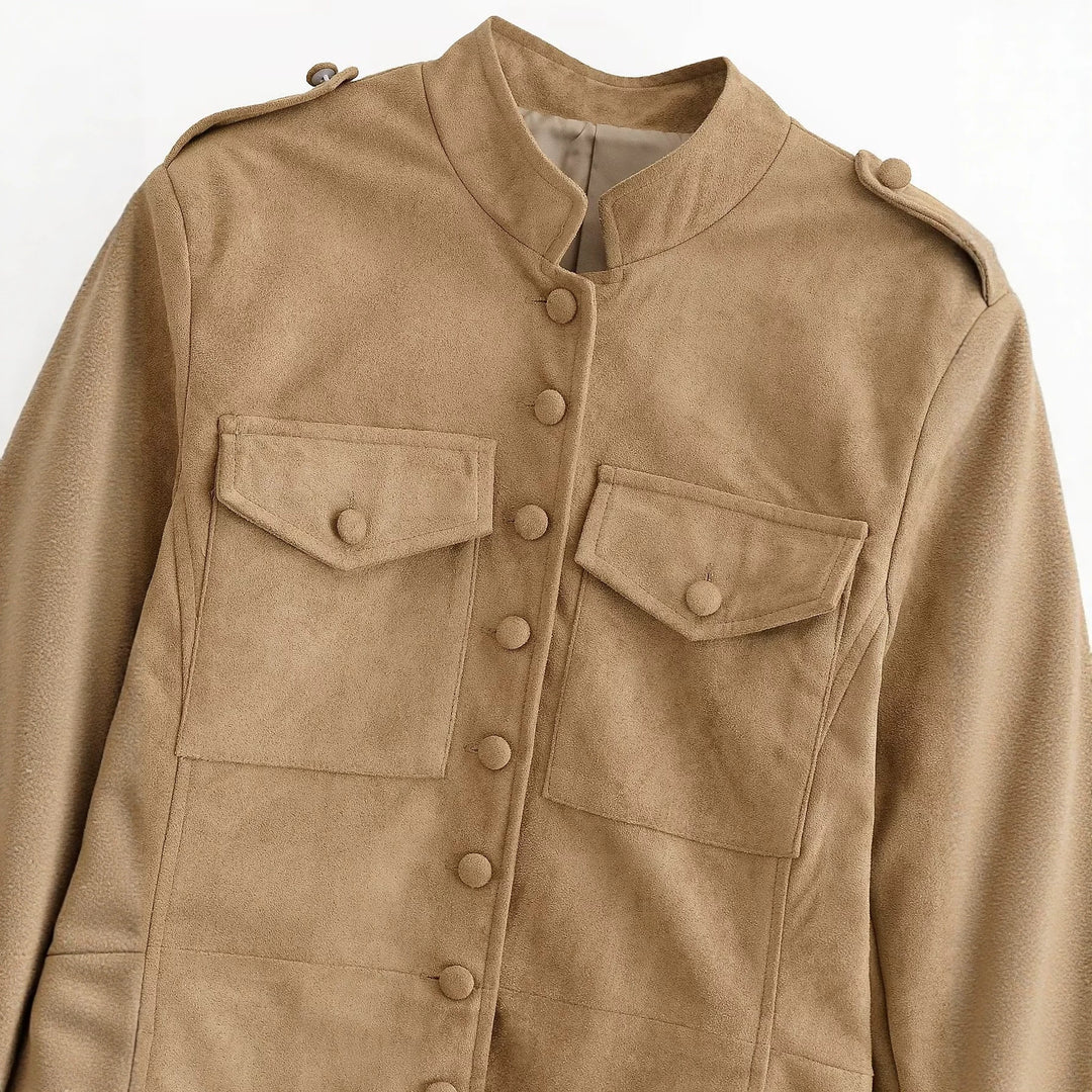 Damen taillierte Safari-Jacke in Velourslederoptik mit Pattentaschen Nord Taschen