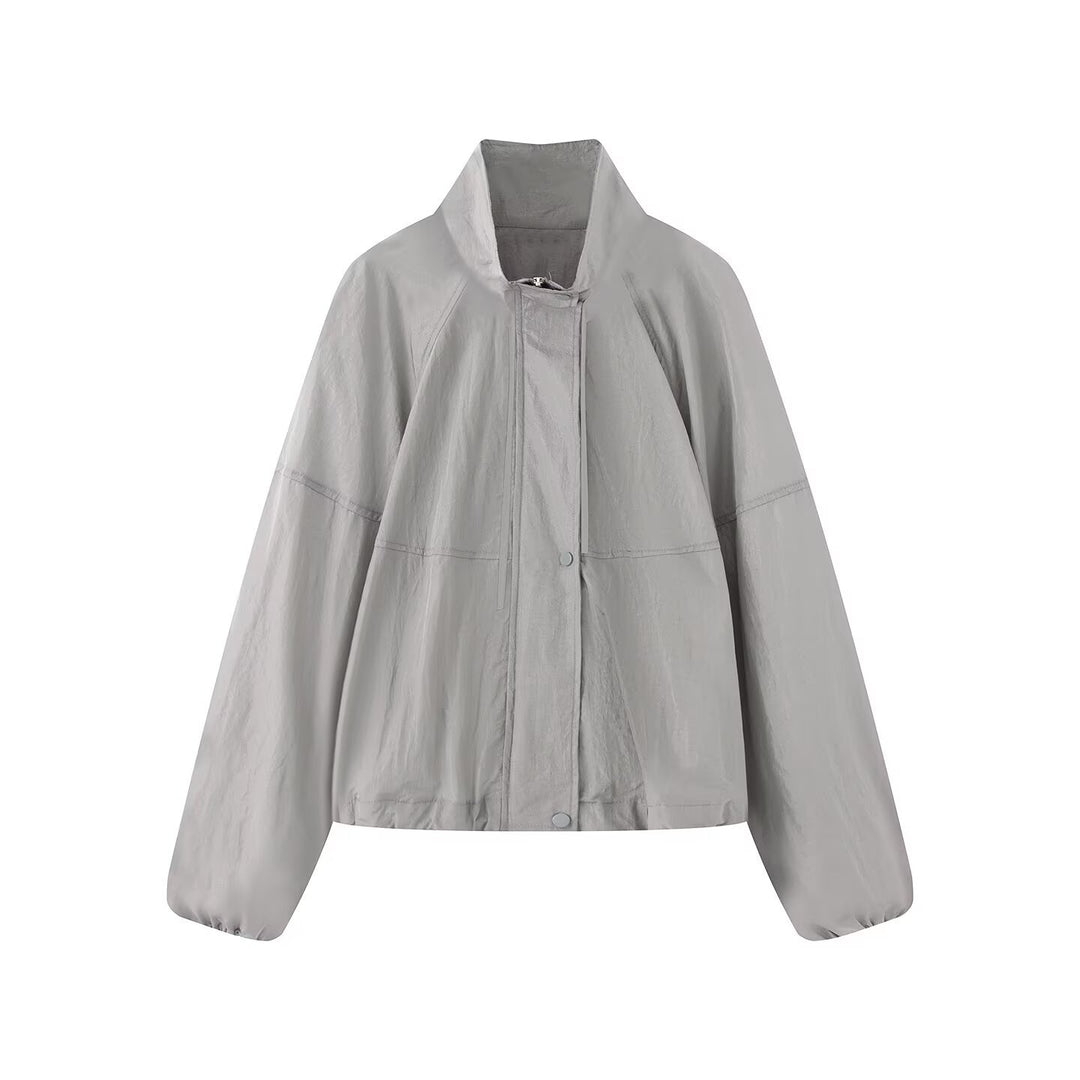 Damen Leichte Oversize-Blousonjacke aus Nylon mit Stehkragen, Kordelzug und Druckknopfverschluss Nord Taschen