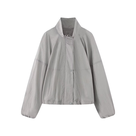 Damen Leichte Oversize-Blousonjacke aus Nylon mit Stehkragen, Kordelzug und Druckknopfverschluss Nord Taschen