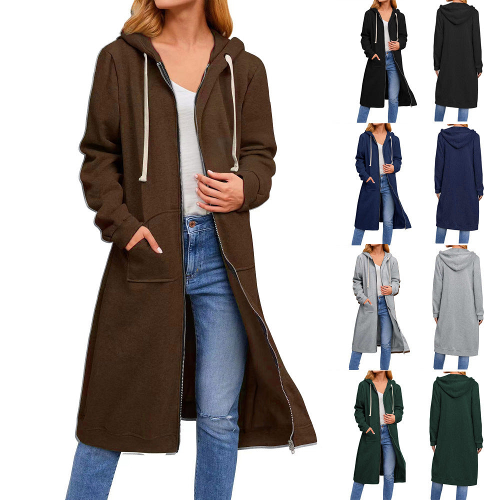 Damen lange Kapuzenjacke mit Reißverschluss und praktischen Taschen