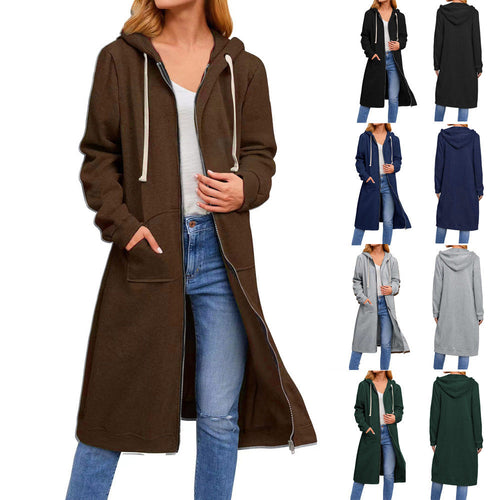 Damen lange Kapuzenjacke mit Reißverschluss und praktischen Taschen