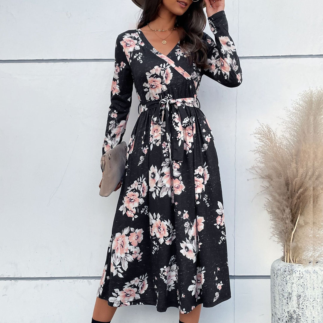 Damen Florales Wickel-Midikleid mit V-Ausschnitt, Taillengürtel und ausgestelltem Rock Nord Taschen