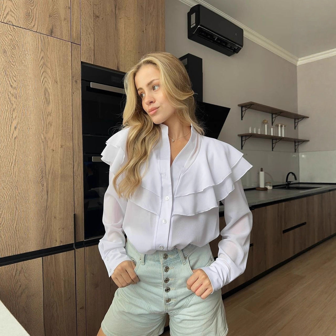 Damen Chiffon-Bluse mit mehrlagiger Volant-Rüsche und Perlmuttknöpfen Nord Taschen